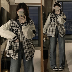 美式棒球服女秋冬刺绣拼接皮袖复古夹克情侣宽松翻领外套C669-75图片