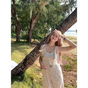 2025春秋季美式牛仔背带裤女宽松复古碎花直筒裤子ins潮流
