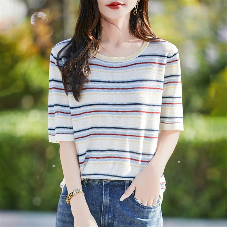 夏季新款圆领天丝彩色条纹短袖女宽松百搭半袖背心T恤针织衫上衣，女装T恤，暖烁羊绒