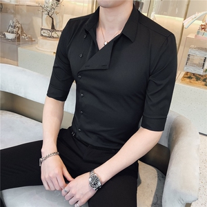2021春夏款英伦风男个性偏门襟衬衫修身中袖夜店男衬衣102A-D465图片