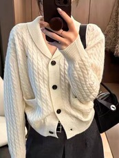 2025年秋季时尚百搭通勤简约休闲羊毛翻领长袖开衫，女装针织衫/毛衣，晨旭羊绒