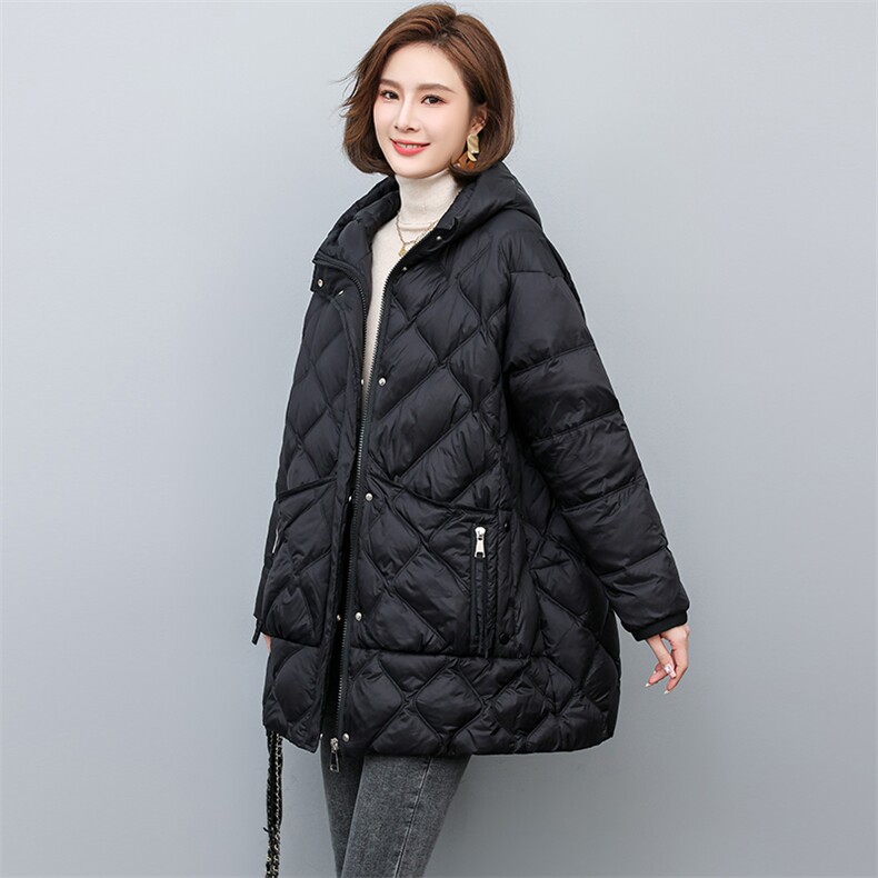 2024冬季新款羽绒服中长款大口袋90白鸭绒时尚连帽羽绒外套,女装羽绒服,忆绮罗