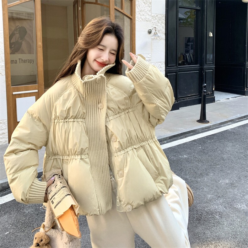 针织拼接杏色泡芙羽绒服女冬2025年超火好看高级小众短款加厚外套,女装羽绒服,2C093