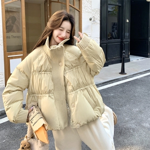 针织拼接杏色泡芙羽绒服女冬2025年超火好看高级小众短款加厚外套图片