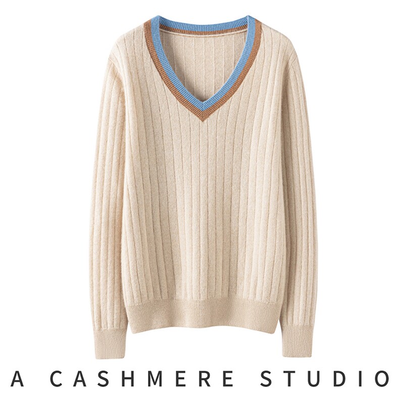 2025年秋季新款百搭V领撞色抽条套衫，女装羊绒衫，珍丝贝尔