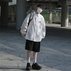 潮原宿青春流行百搭简约潮流男春季日系长袖方领新款衬衫J586P43图片