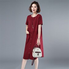 2021年夏季通勤韩版圆领高腰a字裙拼接文艺连衣裙不对称套头裙子，女装连衣裙，伊满意