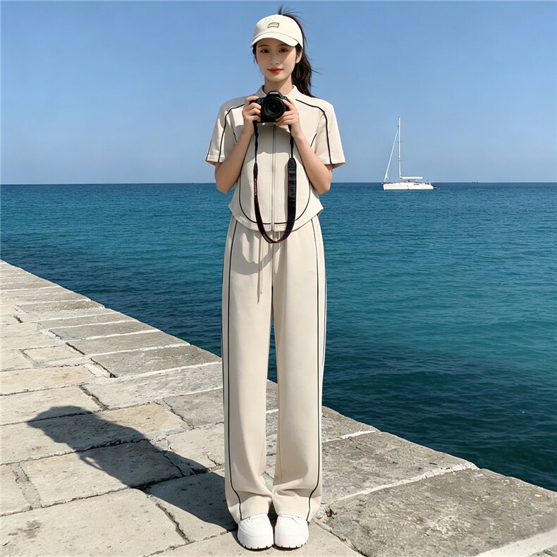 时尚休闲套装女夏新款修身显瘦条纹拼接立领开衫上衣阔腿裤两件套,女装套装/套裙,江南