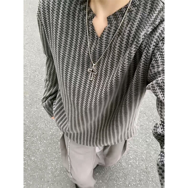 美式高街千鸟格子长袖T恤男女亨利V领英伦雅痞休闲宽松长袖打底衫,男装T恤,电商A443