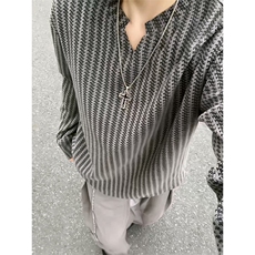 美式高街千鸟格子长袖T恤男女亨利V领英伦雅痞休闲宽松长袖打底衫，男装T恤，电商A443