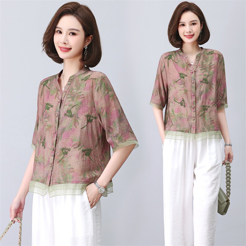 (新款)2024年夏装天丝T恤衬衫女复古刺绣中老年装三年不下架，女装T恤，璐依舞