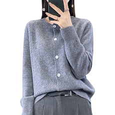拼色假两件100%纯羊毛开衫女圆领长袖针织外套毛衣宽松羊绒衫上衣，女装羊毛衫，宋氏羊绒