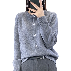 拼色假两件100%纯羊毛开衫女圆领长袖针织外套毛衣宽松羊绒衫上衣图片