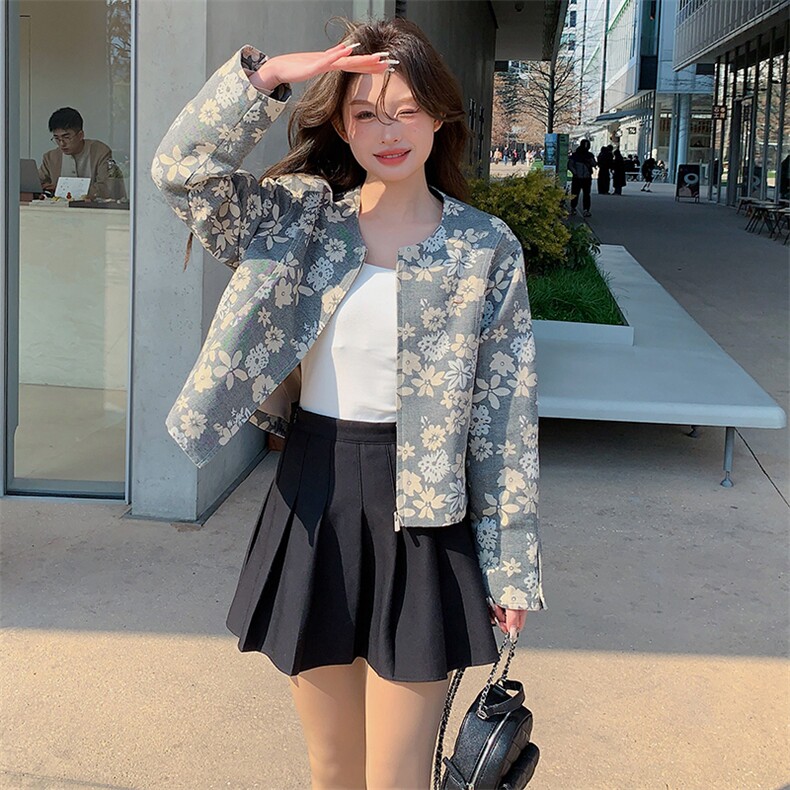 独特别致蕾丝飘带碎花外套女2025春季新款韩系休闲小个子短款上衣,女装短外套,2C098