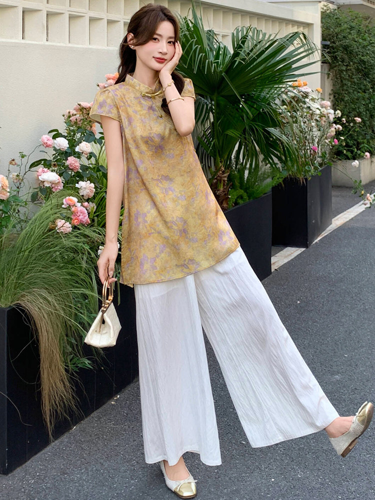 新中式g风套装女2026夏季流行复古印花盘扣旗袍上衣阔腿裤两件套,女装套装/套裙,超帛