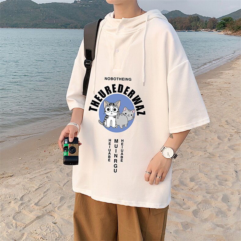 LD54160-P45连帽短袖t恤男大码胖子带帽五分袖中袖,男装T恤,电商A040
