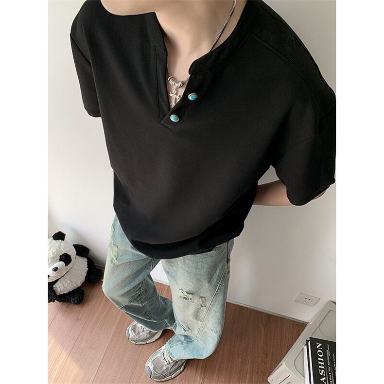 夏季美式v领短袖t恤男士潮牌宽松复古半袖体恤打底衫YW140P45,男装T恤,星座1013-1
