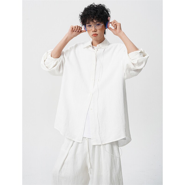8XL-M麻天丝套装慵懒宽松衬衫抽绳阔腿裤夏季薄款防晒衣男TZ111,男装衬衫,电商D206-1