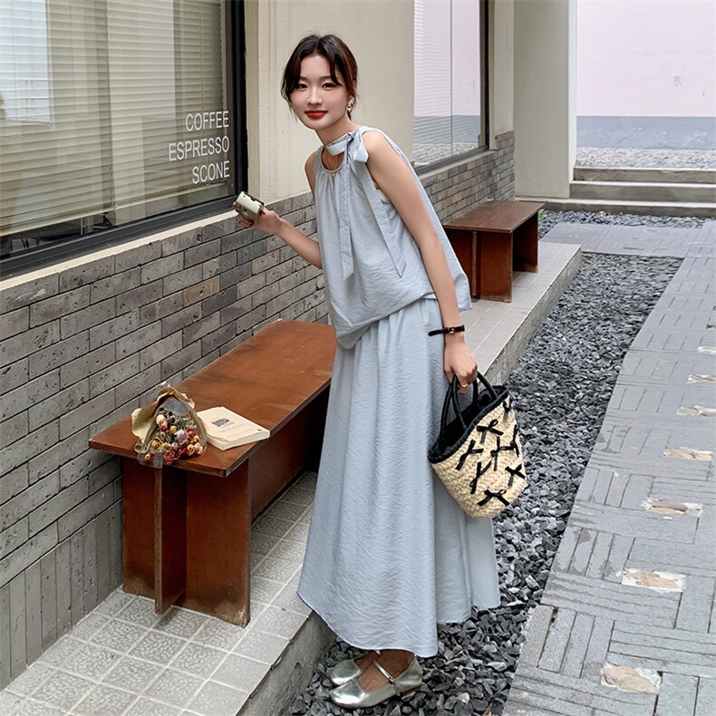 浅蓝色甜美休闲轻薄套装裙女2025新款气质蝴蝶结上衣半身裙两件套,女装套装/套裙,维壹