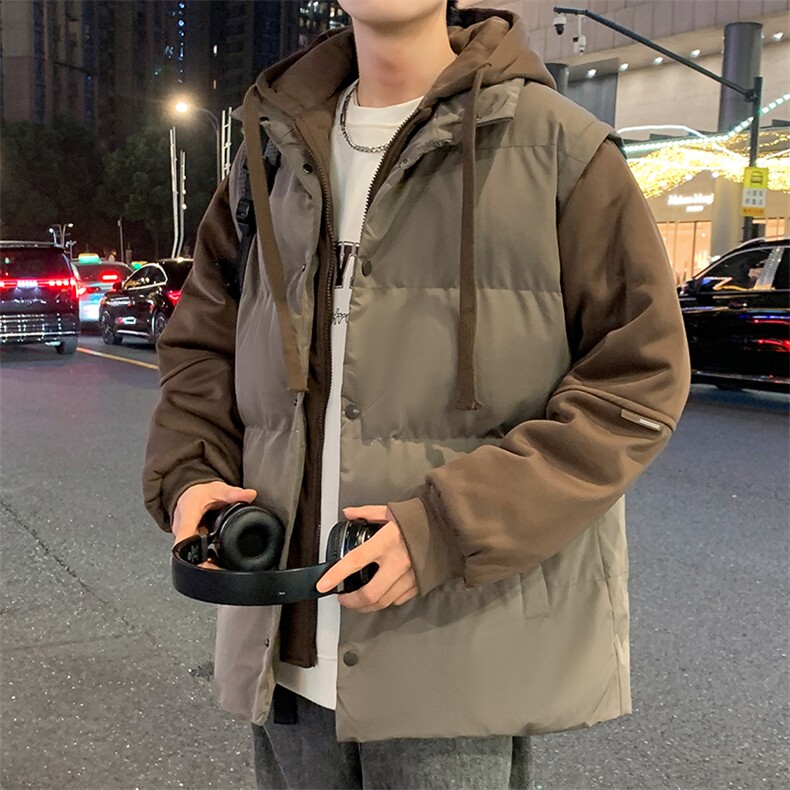 美式复古假两件棉服男冬季新款加厚保暖棉袄重磅连帽面包服外套潮,男装棉衣,电商A001-1