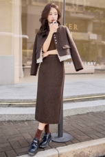 2024新款冬软糯小香羽绒服拼接蕾丝花边白鸭绒套装裙，女装套装/套裙，韩蜜菓