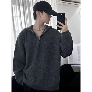 半拉链连帽毛衣男款秋冬季潮牌宽松慵懒风针织衫美式复古休闲外套图片