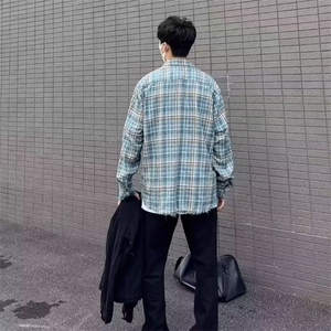 2026新款美式复古西海岸格纹格子衬衫男女长袖春季破坏风毛边外套图片