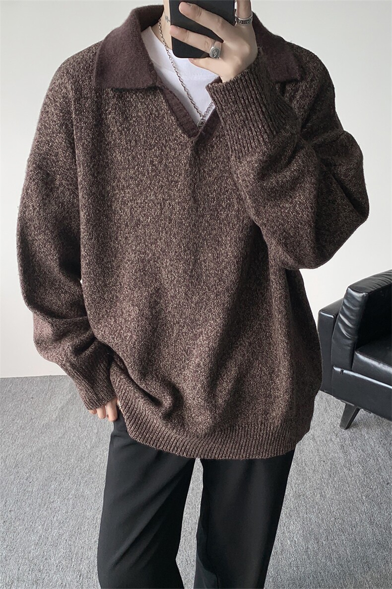 现货MY7153-特P65高密老钱风小翻领毛衣男女宽松polo领大码针织衫,男装针织衫/毛衣,电商A059
