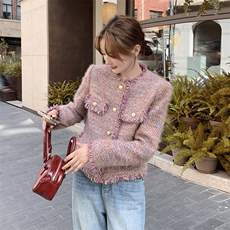 粉紫色流苏小香风毛呢外套女春季新款法式名媛气质百搭粗花呢上衣，女装短外套，浙宝069
