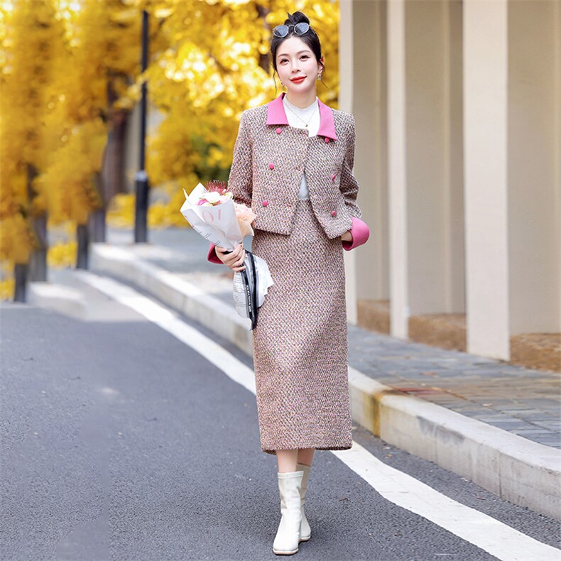 【新款现货】2024年冬季新款法式小香气质撞色双排扣两件套20毛,女装套装/套裙,奕薇雅