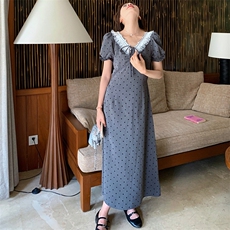 灰色波点泡泡袖连衣裙女2025夏季新款甜辣风设计感收腰显瘦长裙潮，女装连衣裙，浙宝305