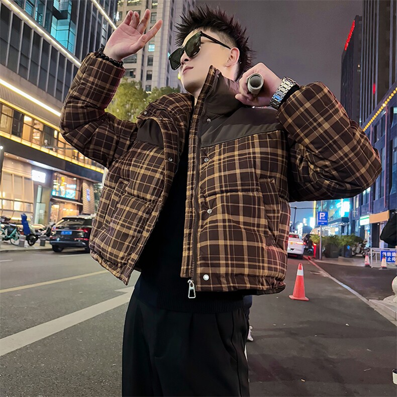 AY138/P128控168冬季社会小伙拼接撞色格子短款修身棉服男浅蓝首,男装棉衣,星座305B-1