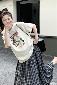 2025夏季新款女装圆领套头卡通印花减龄百搭短袖T恤格子半裙套装图片