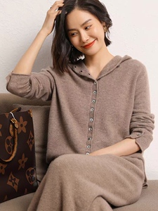 秋季连帽针织开衫薄款女秋冬新款宽松单排扣35%羊绒图片