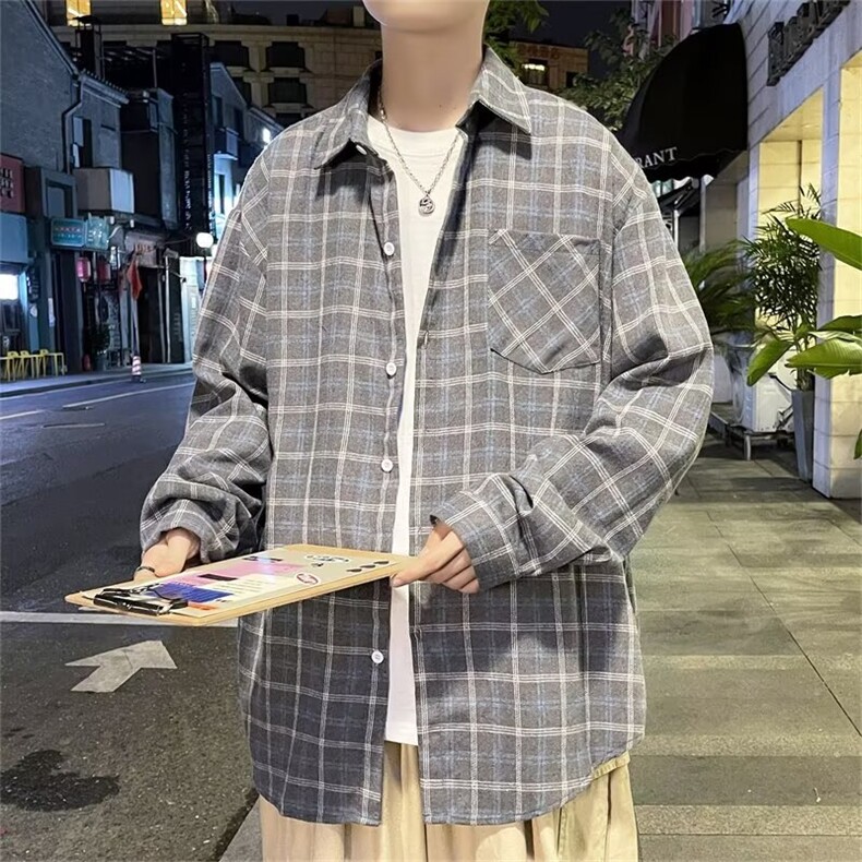日系格子衬衫男长袖春秋季2024新款男生早秋休闲衬衣外套G037/P34,男装衬衫,星座506