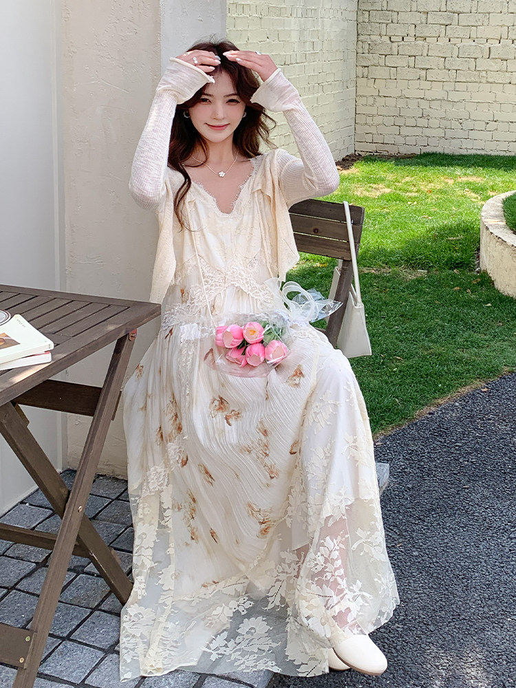 法式浪漫蕾丝拼接吊带连衣裙套装女2025秋新款长袖开衫气质两件套,女装套装/套裙,浙宝220