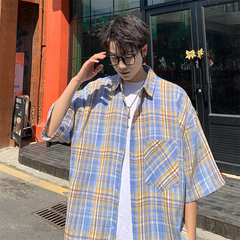 短袖衬衫男夏季新款磨毛格子衬衣DX716-特批26无差价，男装衬衫，星座214-3