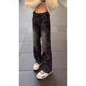 浅蓝色荆棘提花牛仔裤美式高街vibe裤子男夏季水洗直筒微喇弯刀裤图片