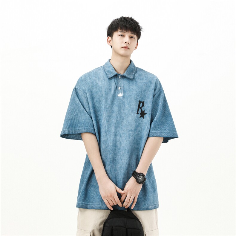 抖音品质休闲华夫格Polo衫2023创意港风短袖T恤XP77061-P40,男装Polo衫,电商A042