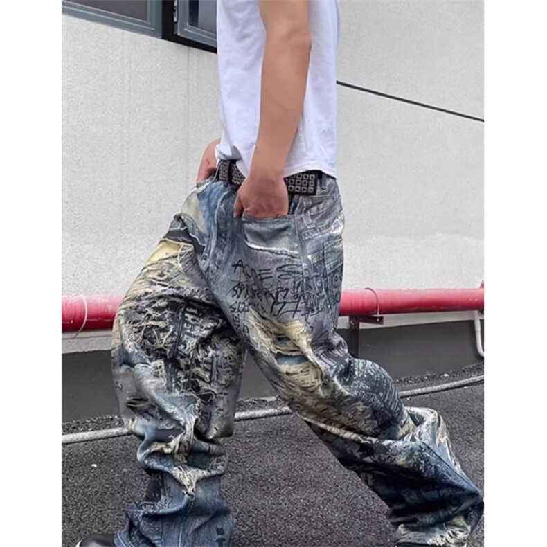 打印3D破洞字母涂鸦糜烂牛仔裤长裤男女同款NG193,男装牛仔裤,星座1116A（原606A-3）
