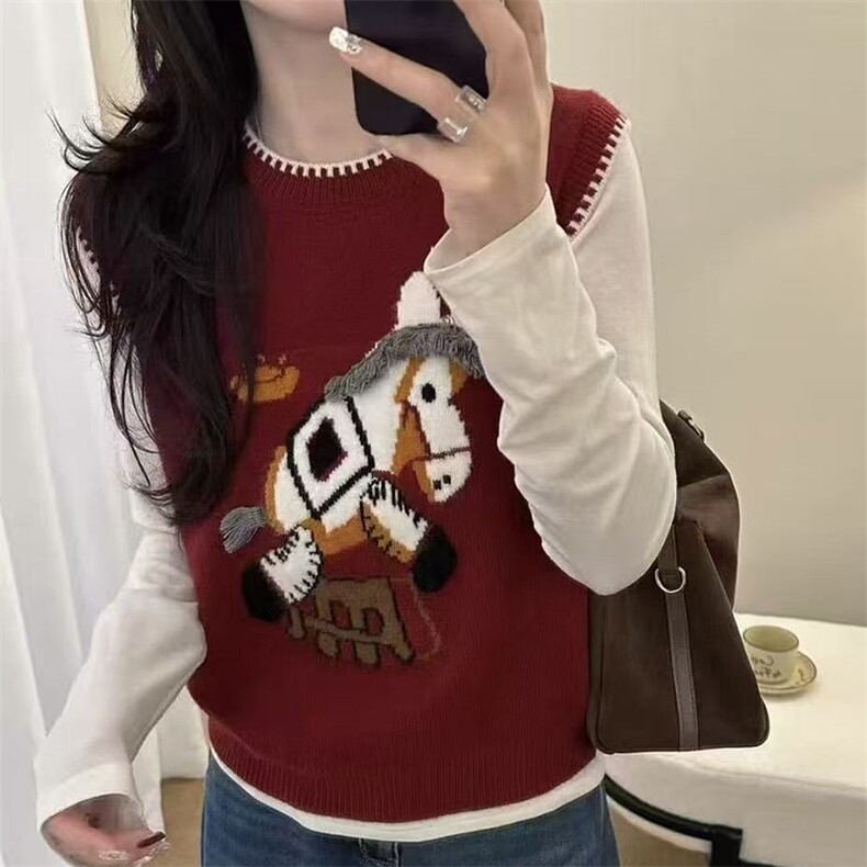 2026年秋季时尚百搭通勤简约休闲小马刺绣拼色马甲，女装马甲，萱芳婷羊绒