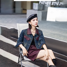 现货秋季新款韩版百搭港风复古牛仔外套女PU皮拼接夹克显瘦上衣，女装牛仔外套，美拉德工厂直营店