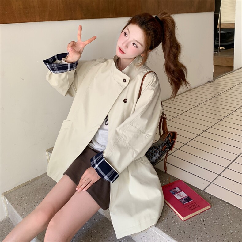 高级感撞色格纹拼接立领风衣外套女春秋2025新款小个子大衣巨好看,女装短外套,2C129