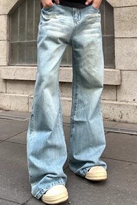 25美式复古做旧冰蓝色微喇显瘦牛仔裤宽松直筒百搭高街裤G016P50图片