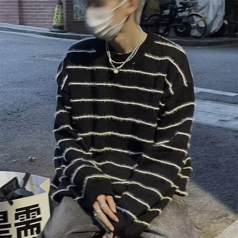秋冬设计感黑白条纹宽松毛衣男慵懒风针织衫外套网图M569-P45,男装针织衫/毛衣,星座1001-1
