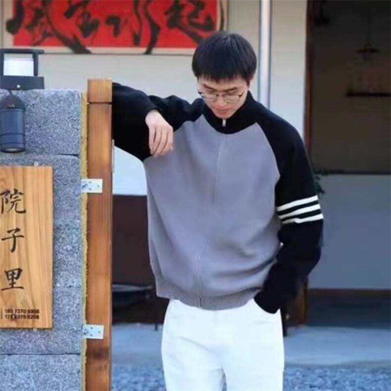 重磅秋冬北极绒开衫毛衣美式复古休闲慵懒风撞色立领针织衫外套,男装针织衫/毛衣,电商A486