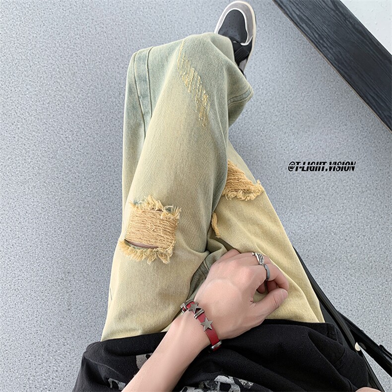 B221美式ins高街暗黑系设计感直筒破洞牛仔裤LK23075-P60控78,男装牛仔裤,电商B221