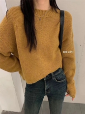 时尚宽松短款针织衫女秋冬加厚圆领小个子毛衣纯色打底衫，女装针织衫/毛衣，半城羊绒