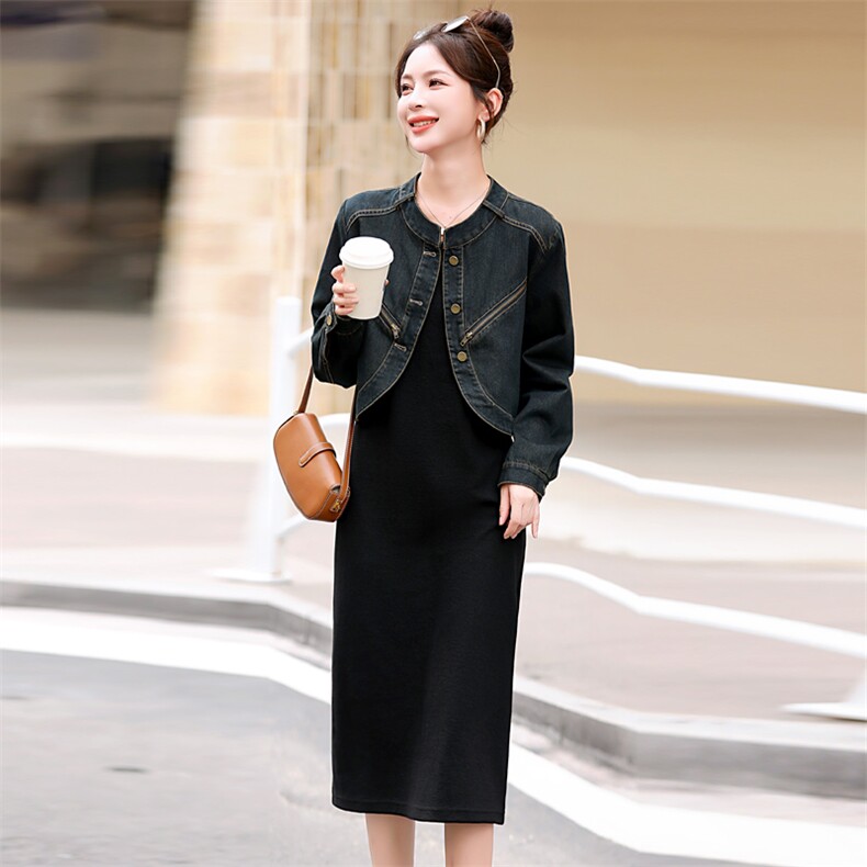 时髦连衣裙套装女2025春秋新款长袖牛仔短外套配无袖背心裙两件套,女装套装/套裙,意芙