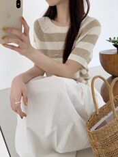 2025年夏季圆领撞色条纹短袖，女装针织衫/毛衣，兰叶羊绒